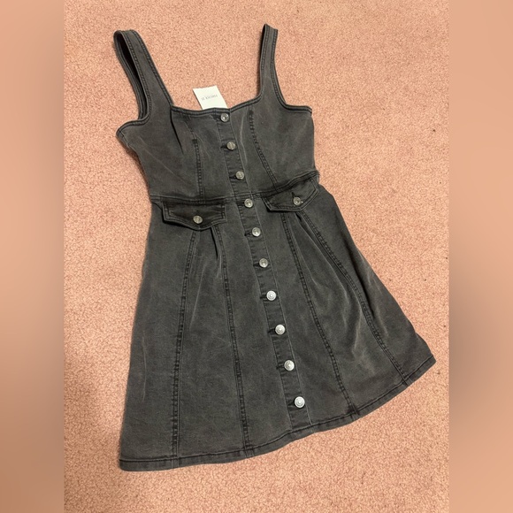 New small black denim jean button pocket short dress y2k emo goth punk mini - Picture 1 of 6